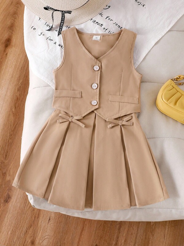 SHEIN Set de chaleco y falda plisada vintage, con decoración de moño, diseño elegante para el trabajo y uso casual