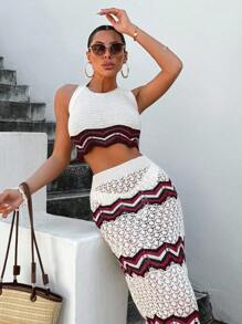 SHEIN Conjunto de top de cuello halter de punto y falda para mujeres