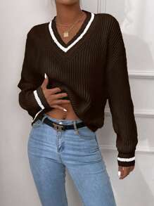 RueChic Pasiaste wykończenie Opuszczane ramiona Sweter do krykieta