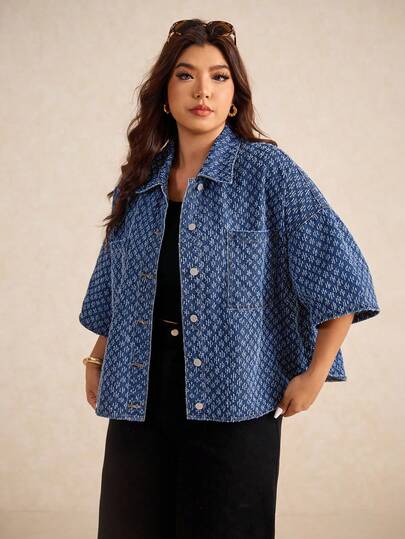 Elaquor Oversized Blue Denim Loose Top Short-Sleeved Shirt Exquisite Denim Jacquard Fabric French Casual Wear