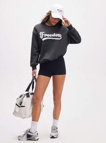 Streetz SHEIN Sport 女式休闲运动字母印花落肩长袖运动衫 - 灰色 - 查看 5