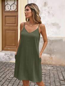 SHEIN VCAY Robe cami en lin tissé unicolore avec poches latérales pour les vacances