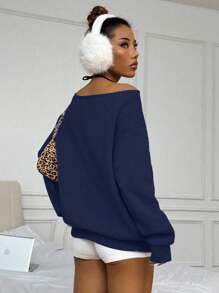 Flirla Women's Solid Color Off-Shoulder Long Sleeve Loose Fleece Sweatshirt Fall Cloth For Women - Navy Blue - View 2