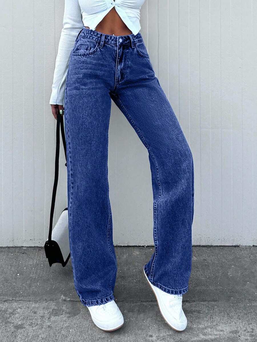 EURMUSE 女式休闲直筒简约纽扣牛仔裤