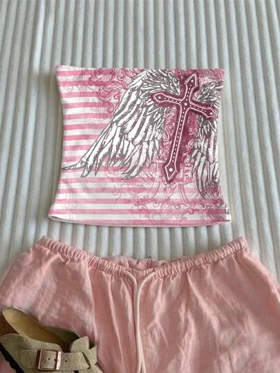 Glimmora Women's Gothic Vintage Tight Casual Cross Print Tube Top