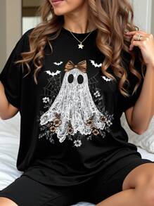 SHEIN CURVE+ 加大码万圣节T恤、加大码街头图案T恤、短袖可爱夏季上衣