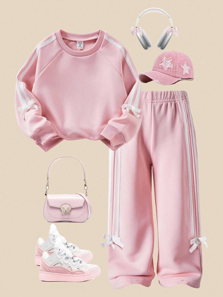 Casuvi Kids Casuvi Kid Girls 2-Piece Set, Pink Knit Pullover Hoodie And Wide Leg Pants, Bow Decor, Side Contrast Trim, Casual & Cute Style, Suitable For Spring/Autumn Daily, Sports, Vacation Fall Winter