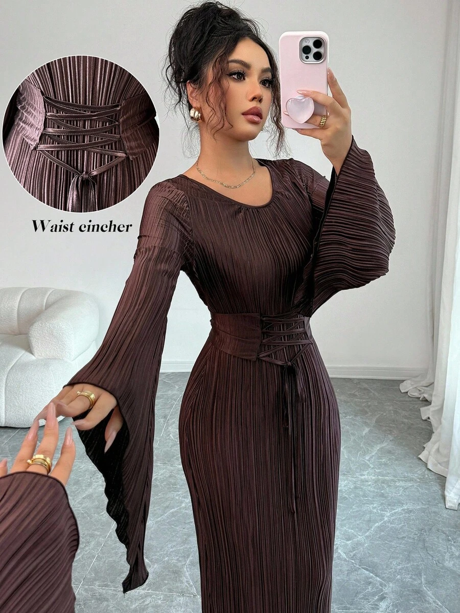 Elenzga Standard Size Solid Color Lace Up Elegant Long Sleeve Dress Fall Cloth For Women - Coffee - View 1