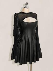 SHEIN CURVE+ Plus Size Women's Fashionable Round Neck Shoulder Black Long Sleeved Fishbone Pressed Line Hollow Waist A Swing PU Dress, Y2k Sexy Front Hollowed Out Mesh Splicing Long Sleeved Dress, Autumn Dress - Black - View 4