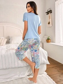 Doze Lane 女款對比色口袋浪漫休閒碎花短袖睡衣 夏日居家休閒服 睡衣 水藍色淺藍色 - 彩色 - 查看 2
