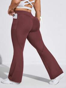 Rhythm Era Plus Size High Waist Side Pocket Flare Leg Sports Pants Flare Yoga Pants With Pockets Bootcut Yoga Pants Yoga Pants With Pockets Flare Leggings With Pockets Workout Pants With Pockets Boot Cut Yoga Pants Flare Workout Pants Gym Clothes Women Pants - Burgundy - View 2