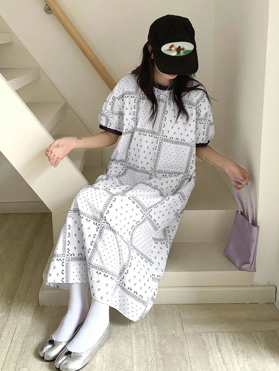 Dazy Kids 青少年/女孩花卉印花长袍,宽松休闲腰部连衣裙,秋季 - 白色 - 查看 1