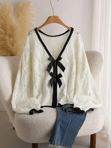 SHEIN CURVE+ Große Größen Lässig strukturierter Diamantmuster Farbblock Schleife Rückenausschnitt Pullover Sommer Strickjacke für Frauen, Strickjacke, Strickoberteil für Frauen, Strickjacke mit Schleife vorne, Damen Strickjacke, Strickjacke für Herbst/Winter/2026/Neujahr