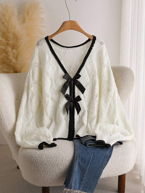 CosyJoli Plus Size Casual Textured Diamond Pattern Colorblock Bowknot Open Back Pullover Sweater Summer Cardigan For Women Knitted Cardigan Knitted Tops For Women Women Knitted Top Tie Front Cardigan Women Cardigan Knit Cardigan In Fall/Winter