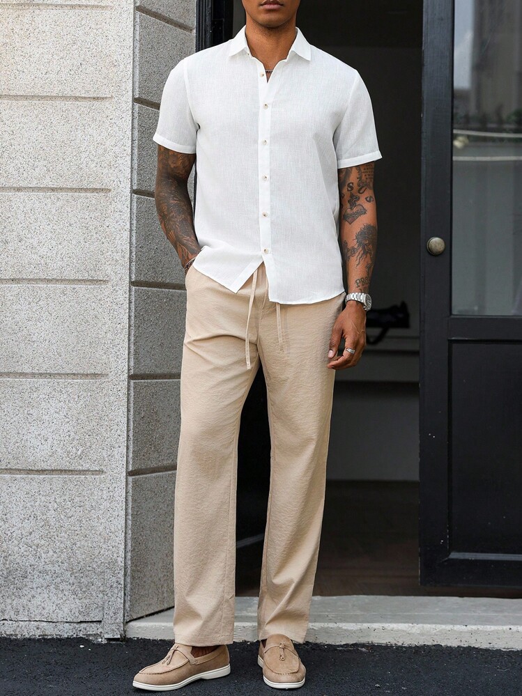 Manfinity Homme 2pcs Men's Casual Short Sleeve Shirt And Drawstring Pants Set - Multicolor - View 6