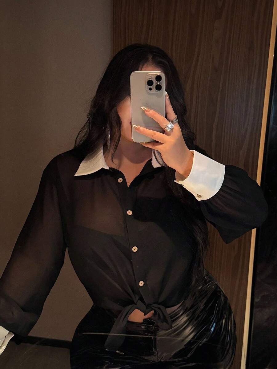 NU&NOW 大码女式优雅雪纺撞色饰边衬衫领口装饰纽扣