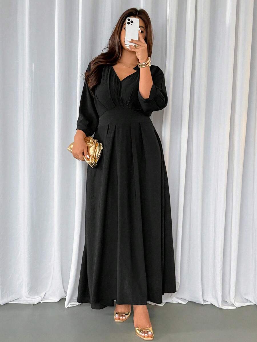 Firerie Váy đi làm thanh lịch dáng chữ A, tay dài, cổ chữ V, eo xếp ly, dáng rộng, cỡ lớn; Thích hợp cho Ngày lễ tình nhân, Hòa nhạc, Biểu diễn, Hẹn hò, Tiệc tối trang trọng, Tiệc dạ hội, Đám cưới, Gợi cảm, Duyên dáng, Đi làm, Trở lại trường, Kỳ nghỉ, Bãi biển, Lãng mạn, Quý cô công sở, Phong cách nàng tiên cá, Tiệc sinh nhật - màu đen - Xem 1