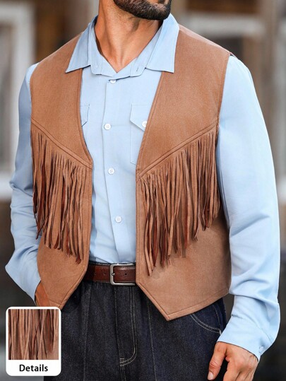 Manfinity Nomadique Colete Casual Masculino Retrô com Franjas Decorativas, Estilo Ocidental, Tecido de Camurça Adequado para Sair no Estilo Cowboy, Colete Ocidental, Colete Marrom