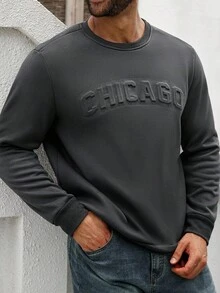 Manfinity Homme Áo nỉ chui đầu cổ tròn tay dài thường ngày cỡ lớn cho nam, Áo nỉ Chicago, Áo nỉ cổ tròn cho nam, Áo nỉ dài tay cho nam, Thu Đông - Màu xám đen - Xem 1