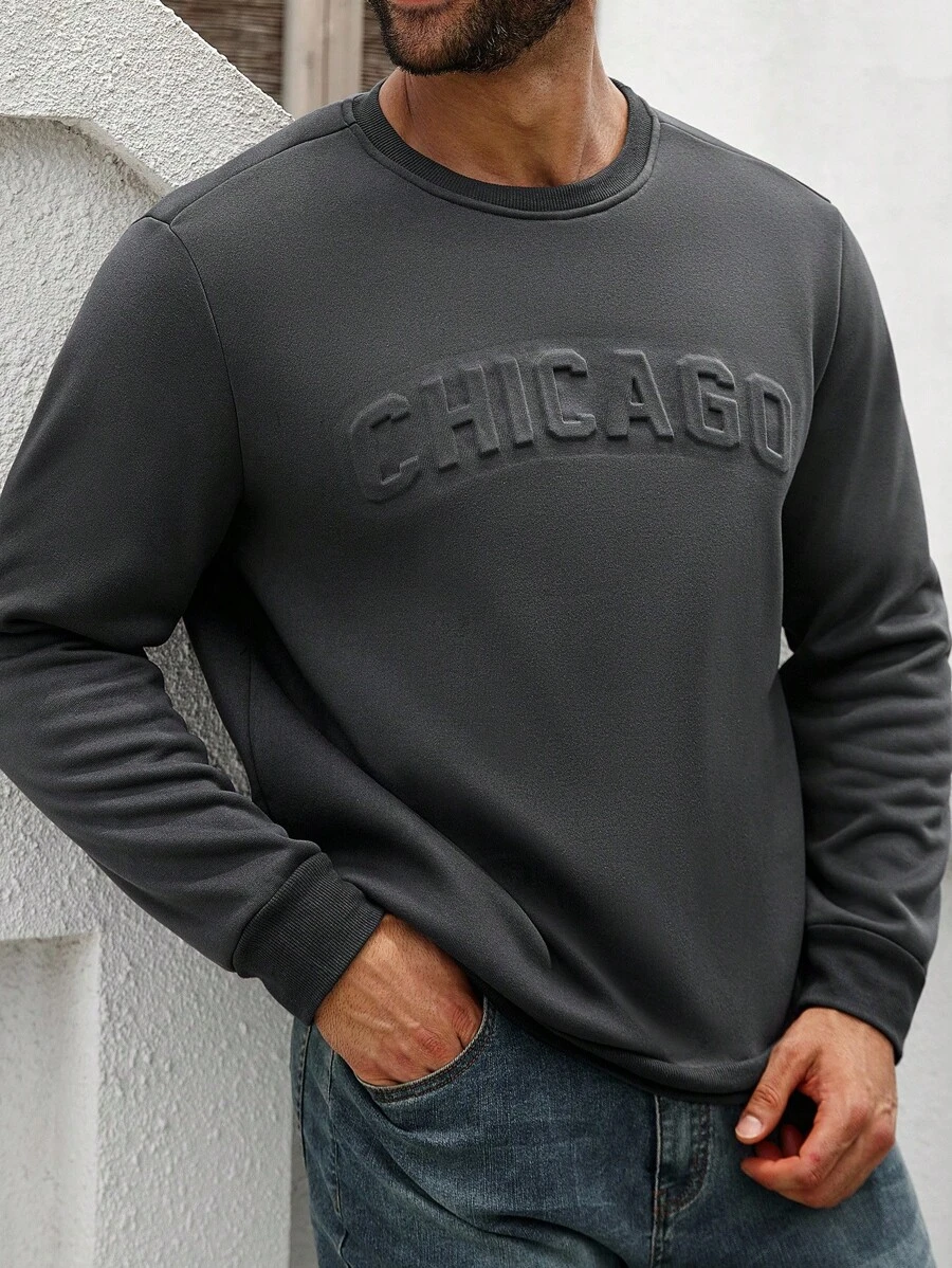 Manfinity Homme Áo nỉ chui đầu cổ tròn tay dài thường ngày cỡ lớn cho nam, Áo nỉ Chicago, Áo nỉ cổ tròn cho nam, Áo nỉ dài tay cho nam, Thu Đông - Màu xám đen - Xem 1