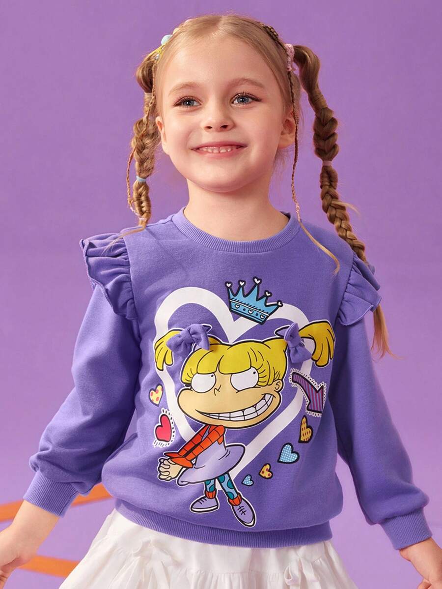 Nick 90s | SHEIN Sudadera con cuello redondo morada con decoración de lazo, estampado de corazones y dibujos animados lindo para niña - Morado - Ver 1