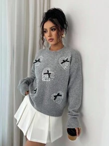 Elenzga Women's Round Neck Drop Shoulder Long Sleeve Bow Decor Heart Sequin Sweater Fall Winter Cloth For Women - Grey - View 4