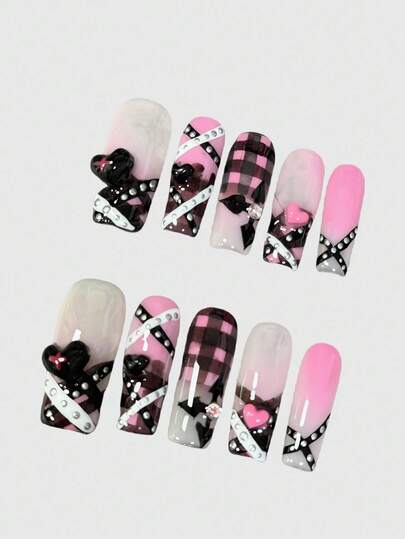Kawaii Puntas de uñas postizas largas hechas a mano con estilo retro a cuadros, parches de cuadros y degradado rosa romántico francés, estilo punk Y2K para niñas dulces y atrevidas