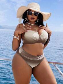 Slaydiva مجموعة بكيني للمرأة ذات الحجم الكبير 2 قطعة، بحمالات سميكة قابلة للتعديل وخصر عالي بتصميم مثلث، طبعة تدرج لون جذاب، مناسبة للعطلات والاستخدام اليومي - بني - مشاهدة 3