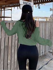 EURMUSE Tricou cu mânecă lungă, casual, versatil, cu guler asimetric, culoare solidă - Menta verde - Vizualizare 2