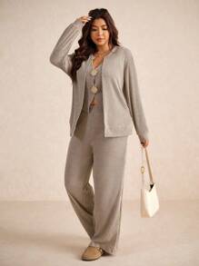 Elaquor Completo casual da donna taglie forti, composto da giacca a maniche lunghe monocolore, gilet con decorazione in metallo e pantaloni