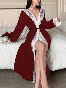 SHEIN 女士休闲优雅蕾丝拼接连帽浴袍，秋冬款 - 酒紅色 - 查看 4