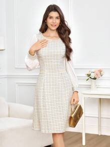 Miaspire Women's Fall And Winter Dress, Tweed Fabric And Chiffon Splicing Design, Suitable For Wedding Guest Dress Elegant, Dresses For Wedding Guests, Waist Version A-Line Dress, Suitable For Going Out Party Occasions,White Dress New Year - White - View 5