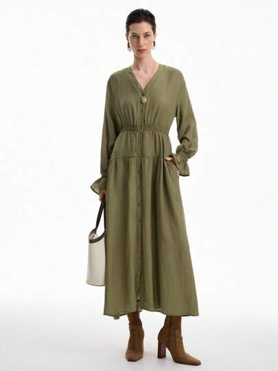 Aalyst Women's Elegant Formal Office Commute Casual Vacation Party Vintage Teacher Autumn Dress, Solid Military Green V-Neck Button Front Elastic Waist A-Line Long Sleeve Maxi Dress