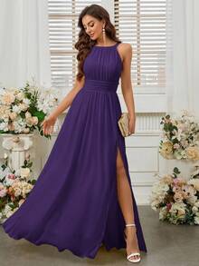 SHEIN Belle High Slit Halter Bridesmaid Dress (Adult) - Purple - View 3
