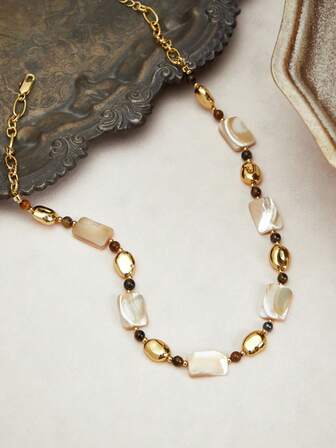 Glisma 18K Gold-Plated 1pc Necklace, Suitable For Vacation, Concert/Festival, Party, Casual, Night Club, Cute, Luxury, Sexy, Wedding, Holiday, Vacation, Camping, Boho, Asymmetrical Shape, Pearl/Mother Of Pearl, Textured, Metallic