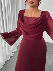 Modelyn 大码女式撞色拼接垂坠领收腰 A 字长袖连衣裙，酒红色，秋冬 - 酒紅色 - 查看 6