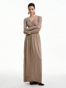 SHEIN LUNE 秋冬款 V 领羊毛金属扣中长连衣裙 - 摩卡棕 - 查看 5
