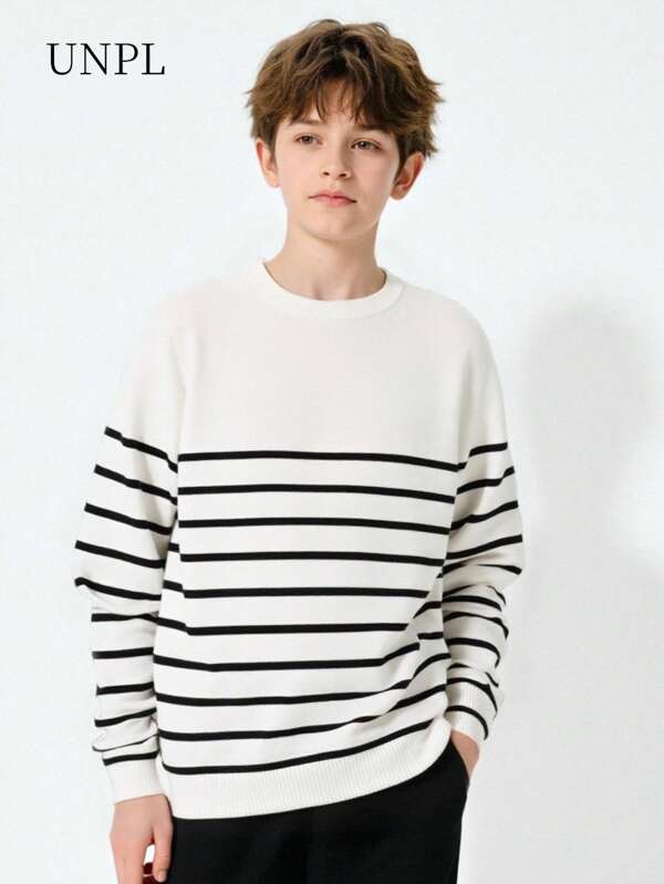 SHEIN Boys' Striped Half-Zip Knitted Sweater Long Sleeve Top, Minimalist And Fashionable For Autumn/Winter Striped Sweaters For Teen Boys Black And White Striped Sweater Teen Boys Sweaters Boys Striped Sweaters Crewneck Sweaters For Teen Boys