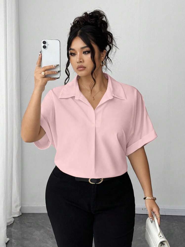 Elenzga Plus Size Solid Color Casual Women Rolled Hem Batwing Sleeve Blouse - Pink - View 4