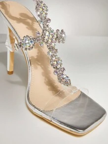 SHUZIA Giày cao gót hở mũi đính đá lấp lánh bạc thanh lịch cho nữ dự tiệc ngày lễ tuyệt đẹp - Bạc - Xem 7