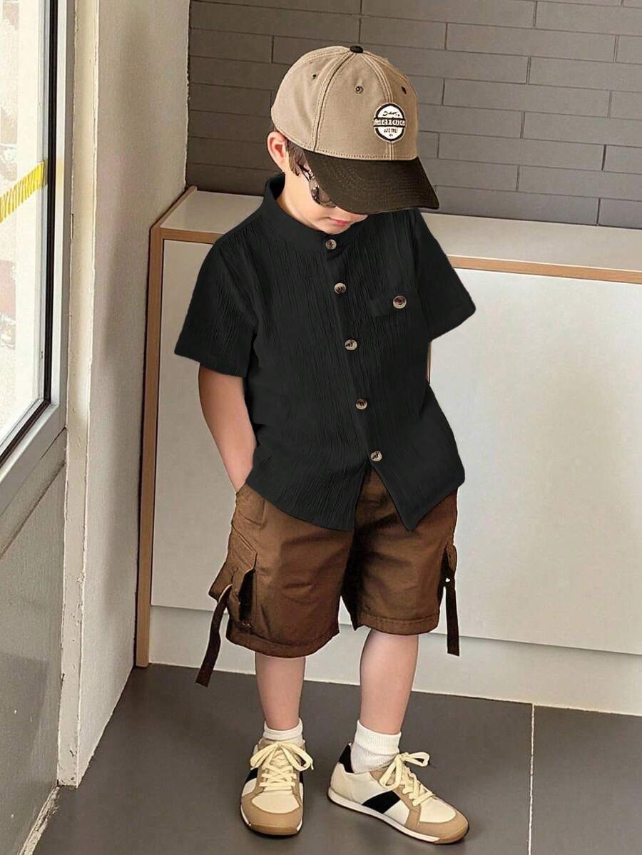 Sparklyn 男童休闲日常通勤简约纯色纽扣前短袖衬衫，夏季