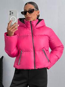 Cappotti invernali da donna casual e versatili con chiusura lampo e cappuccio, a manica lunga