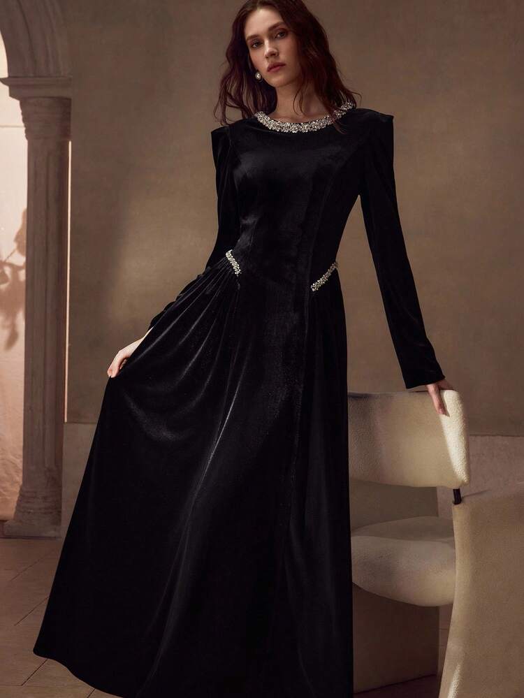 VELVET RHINESTONE TRIM FORMAL DRESS