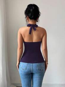 Zielony Elastic Knit Draped Neck Reversible Slim Fit T-Shirt Clothes For University - Purple - View 2