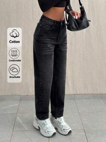 EURMUSE HIHG RISE DARK GREY MOM JEAN WITH WHITE JACRON - Dark Grey - View 1