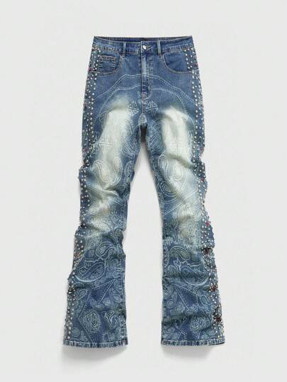 Street Life Jeans di Jeans Uomo con Decorazione Borchiata a Motivo Cachemire