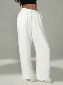 SHEIN PETITE Women Solid Color Waist-Tie Pockets Straight-Leg Pants,Business Casual Woman