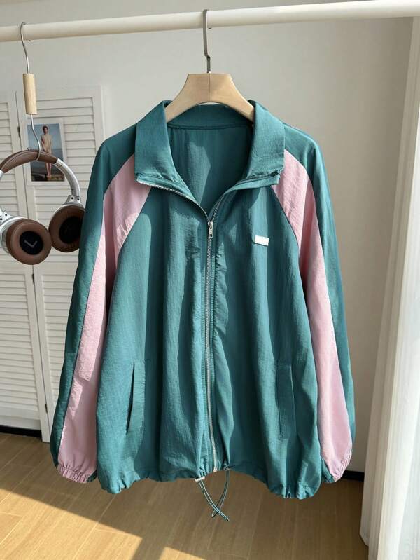 Comfortcana Color Block Zip-Up Front Long Sleeve Casual Plus Size Jacket,Fall Clothes For Women Winter Autumn