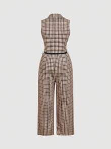 SHEIN MOD Plus Size Women's Plaid Lapel Collar Wide-Leg Jumpsuit With Belt,Chocolate Brown Summer Elegant Formal Old Money Style Urban Commuting Retro Jumpsuit - Multicolor - View 2