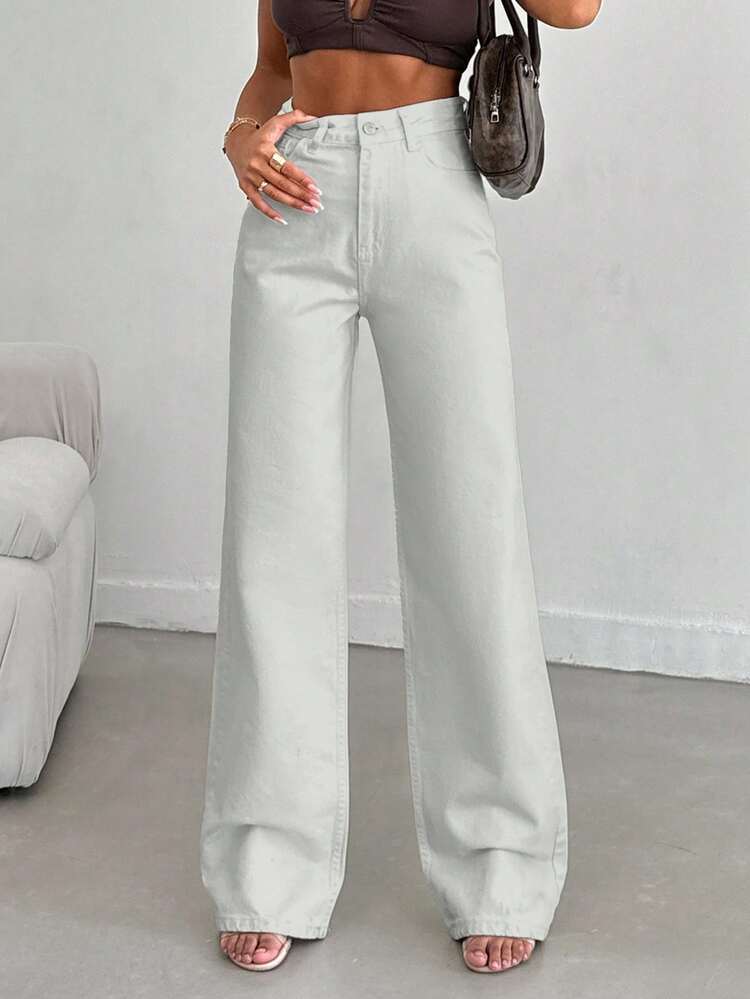 EURMUSE 100%Cotton Women's Pocket Straight Loose Casual Versatile Jeans - White - View 4